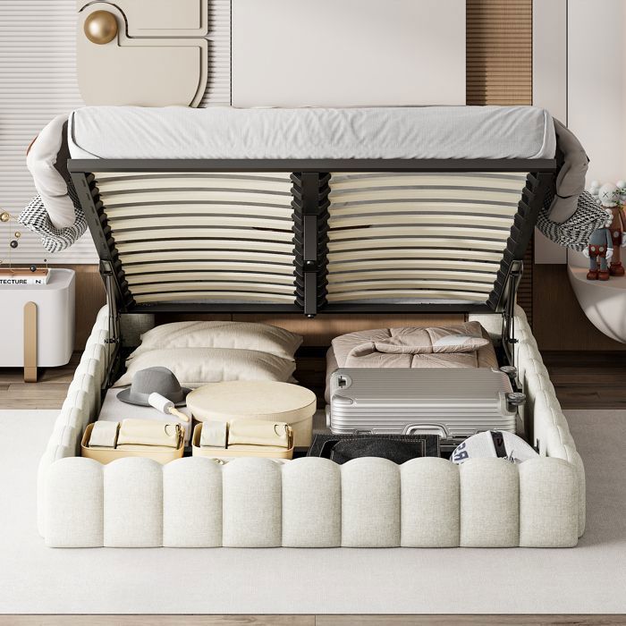Cama con almacenamiento - PERGAR - 180 x 200 cm - Lino beige - Base de láminas incluida - Almacenamiento USB y LED