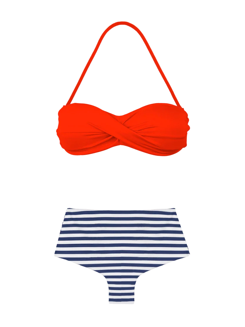 Vintage bikini met hoge taille en blauwe strepenprint