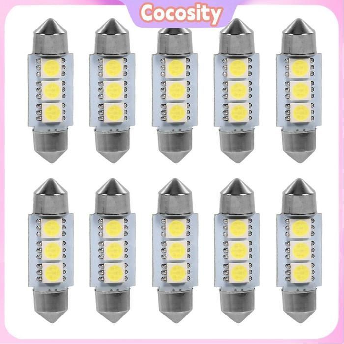 Cocosity 10 bombillas LED tipo festón de 36 mm y 12 V, 3 SMD 5050 para luz trasera interior de coche, color blanco.