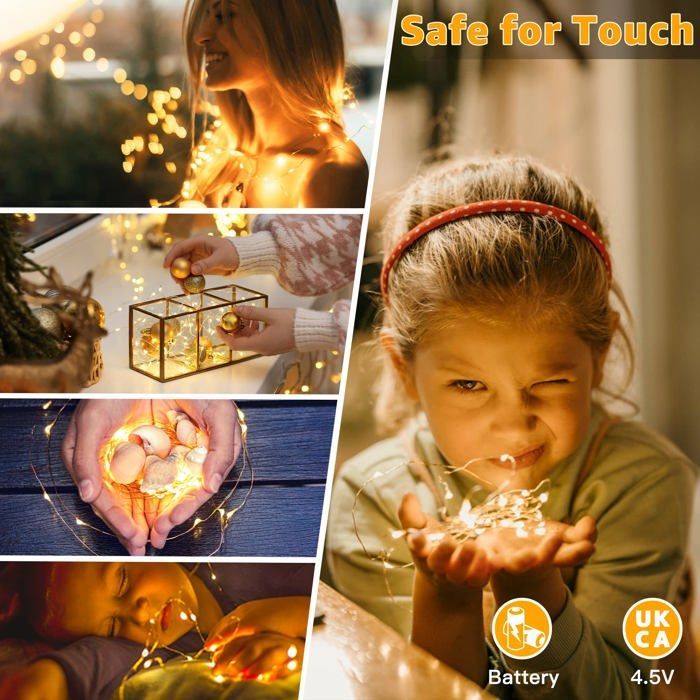 Battery-operated string lights, 10m, 100 LEDs, for indoor and outdoor use, copper wire, small Christmas lights (warm white)