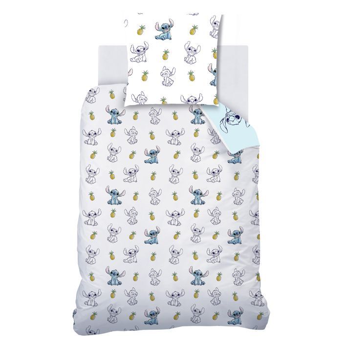 Parure de lit enfant 100% Coton - DISNEY STITCH ANANAS - Bleu/blanc - 140x200+63x63cm