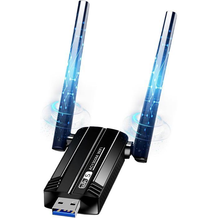 Clé Wifi Puissante Ac1300 Mbps,Cle Wifi Usb 3.0 Double Bande,2.4G/5.8Ghz Adaptateurs Usb Clé Wifi Pour Pc/Laptop/Desktop/Tablet