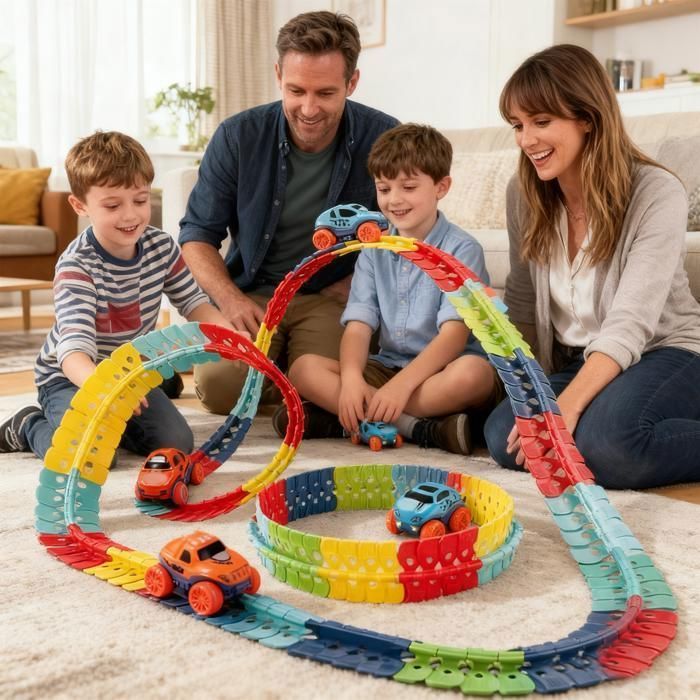 Circuit Voiture Enfant, 92 Pièces Flexible Circuits Voitures Électrique avec 2 Voitures Cadeau Enfant pour Noël Anniversaire
