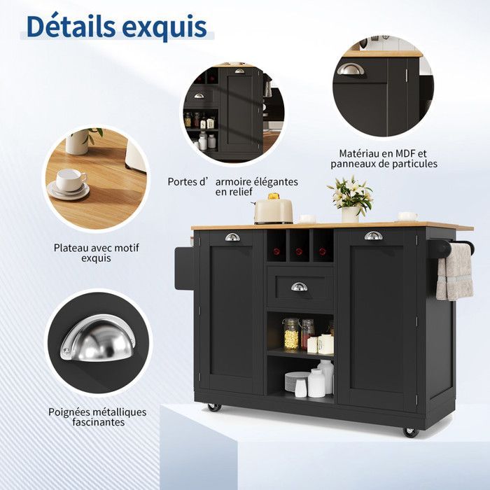 Desserte de Cuisine Noire - Plateau Extensible 40-70 x 120 cm,Roues 360° & Porte-Serviettes | Avec Grille à Vin et Rangements