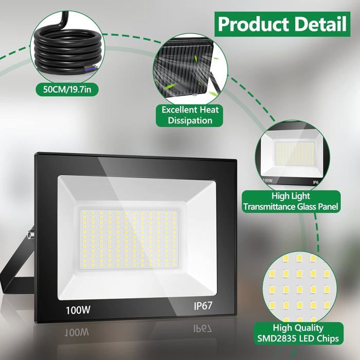 100W Outdoor LED Floodlight, Waterproof Cool White LED Security Lighting, Outdoor Light Fixture for Patio, Garage, Garden