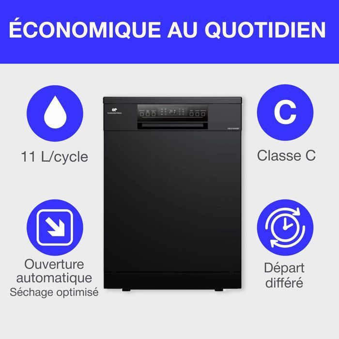 Vrijstaande vaatwasser - CONTINENTAL EDISON - CELV1544IBP - 15 couverts - Inverter - 60 cm - 42 dB - Antracietgrijs