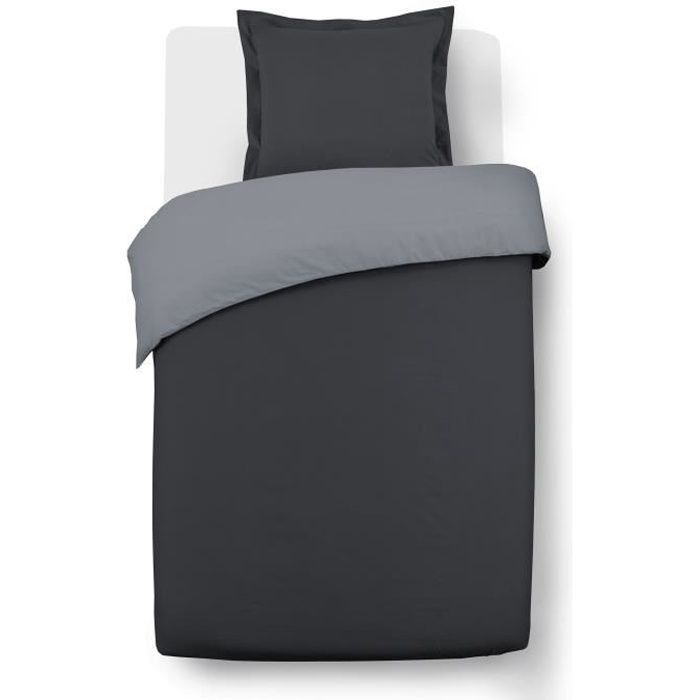 VISION - Bicolore - Copripiumino reversibile 140x200 cm con 1 federa 65x65 cm - Antracite/grigio - 100% cotone