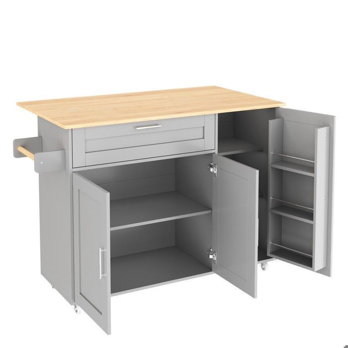 Abrihome Folding Mobile Kitchen Table in Grey Oak, with Spice Rack, Towel Rail and 5 Wheels, 132 x 44 x 90 cm