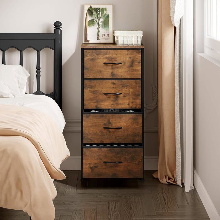 WOLTU Commode, Meuble à 4 Tiroirs en Tissu, Cadre en Métal, Dessus en Bois d'Ingénierie E1, Marron Rustique+Noir W0ITT0116