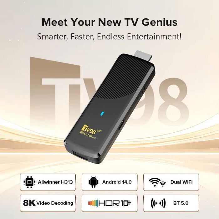 Smart TV Stick Android 14, Streaming 8K, Dual WiFi 2.4/5 GHz, 2Go RAM + 16Go ROM, H313 Quad Core, Bluetooth, Télécommande Vocale
