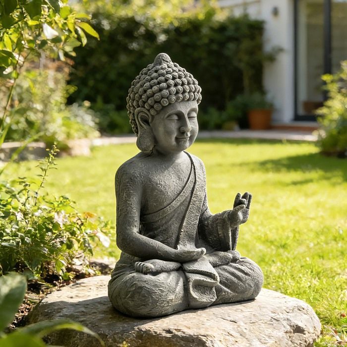 Tuinbeeld - Outsunny - zittend Boeddhabeeld - spirituele decoratie - magnesiumoxide - donkergrijs