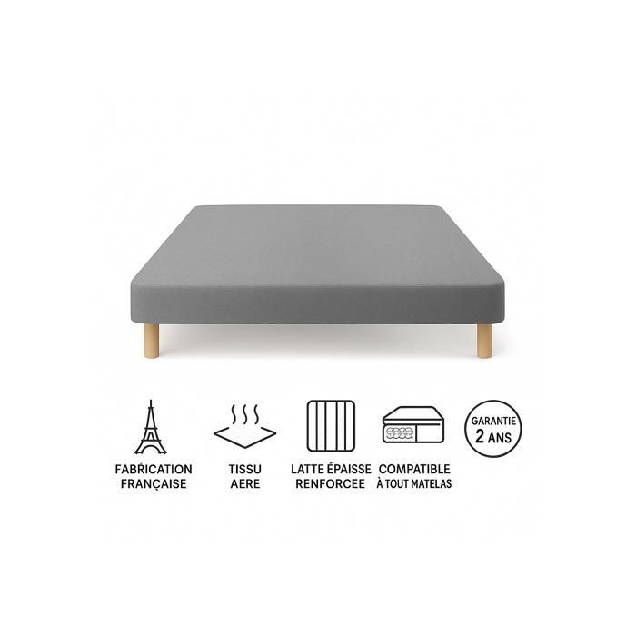 Base de cama estofada, cinza, 140x190 cm | Feita à mão na França | Pés incluídos | Altura com pés: 27 cm