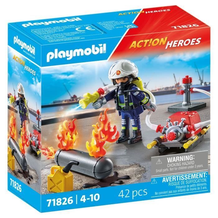 PLAYMOBIL 71826 Bombeiro com bomba de água e tanque em chamas