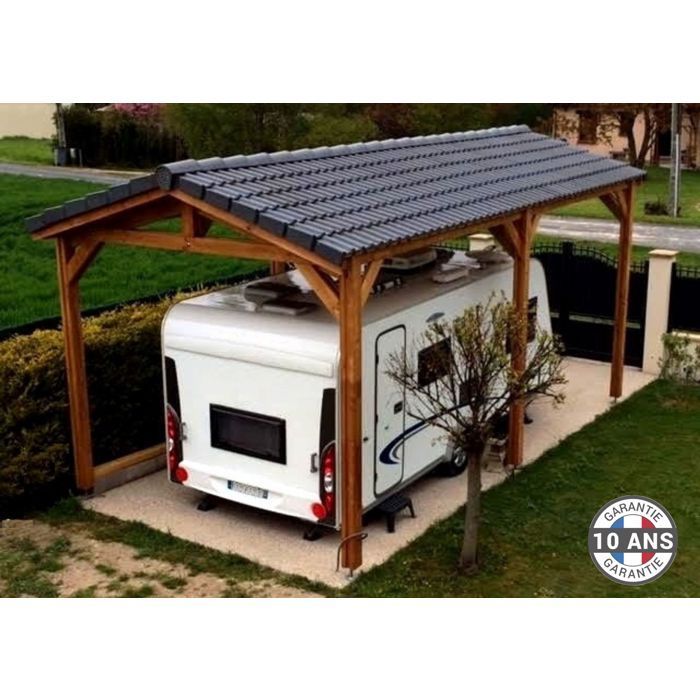 Cochera de abeto Douglas francés para vehículos recreativos, 28 m² – 2 techos inclinados – 6 postes – Refugio exterior para autocaravanas – 10 años de garantía