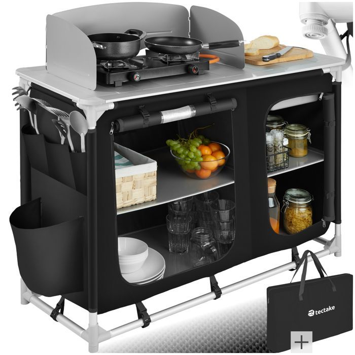 Muebles de camping - TECTAKE - Cocina de camping plegable con bolsa de transporte 116 x 52 x 107 cm - Negro