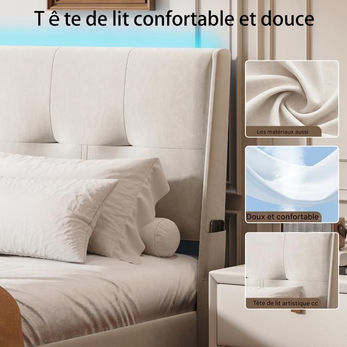 Lit double 140x190 cm - SUNFECILI - Velours Beige - Avec LED - Capacité 300 kg - Montage facile