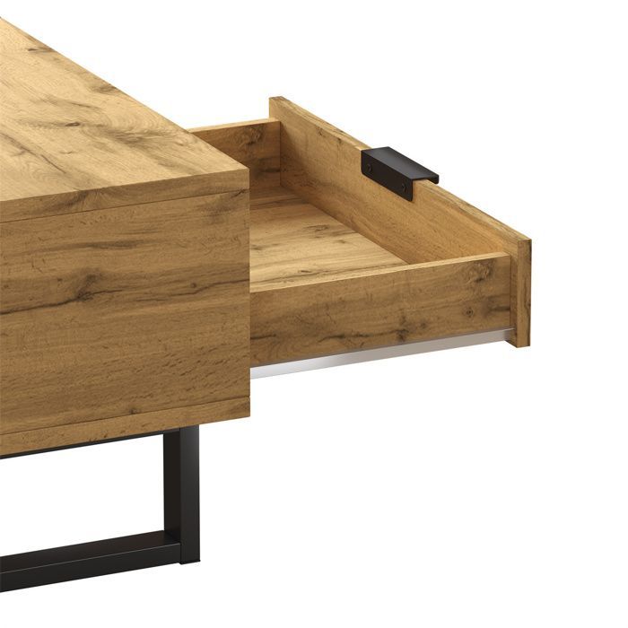 Salontafel met plank en lade voor de woonkamer, houten salontafel met gekleurde blokstructuur, metalen poten - 100 × 50 × 40 cm