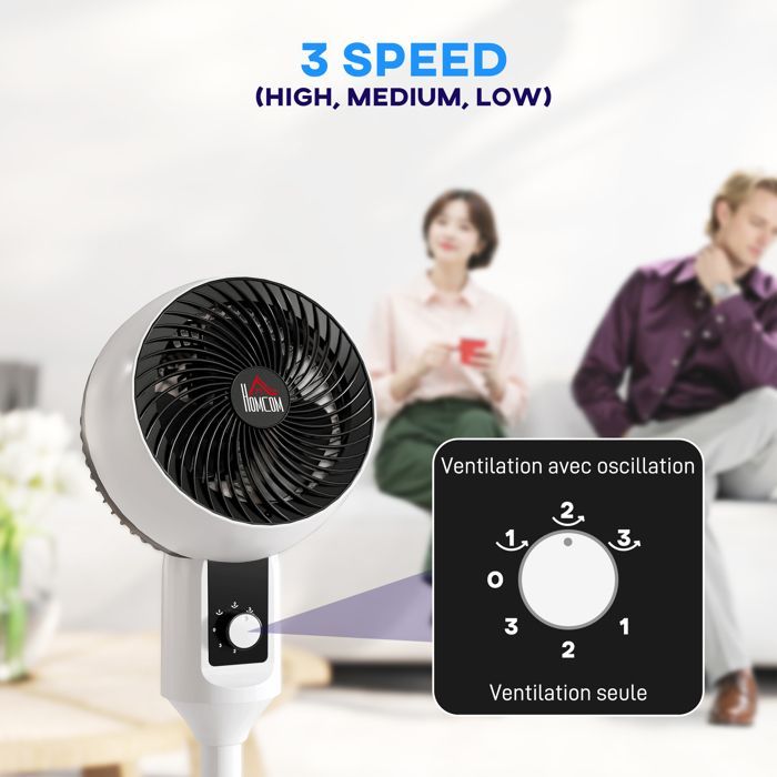 Ventilador de pedestal - HOMCOM - 45 W - circulador de aire - 3 velocidades - oscilación ajustable a 70° - blanco y negro