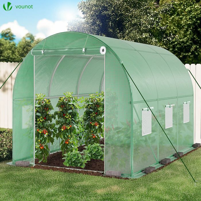 Invernadero tipo túnel VOUNOT - 6 m² Verde - Acero galvanizado - Ventana con mosquitera, puerta enrollable, barra de protección contra tormentas