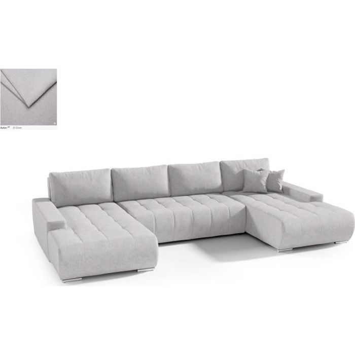 BELUTI - Panoramic U-shaped corner sofa bed. Designer fabric. Bed + Storage compartment (Light Grey)