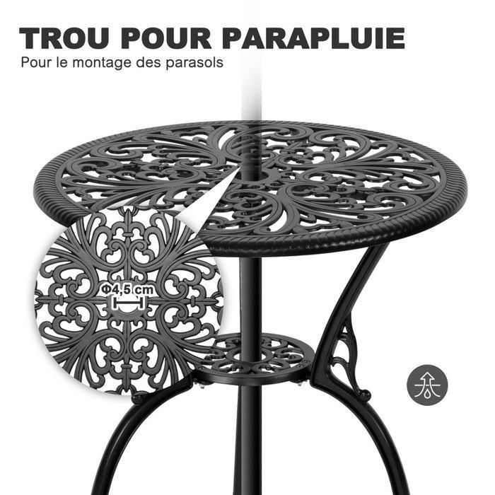 Conjunto de muebles de jardín Avestar de 3 piezas de aluminio fundido: mesa de bistró con orificio para sombrilla (Ø 4,5 cm).