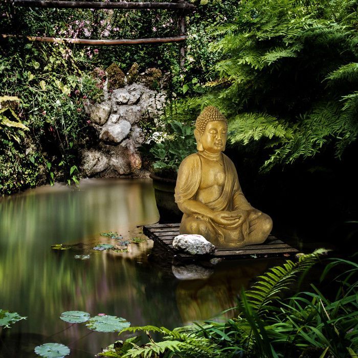 Relaxdays Statue de Bouddha jardin, résistant aux intempéries et au gel, assis, objet déco XL, HLP 70 x 45 x 35 cm, doré