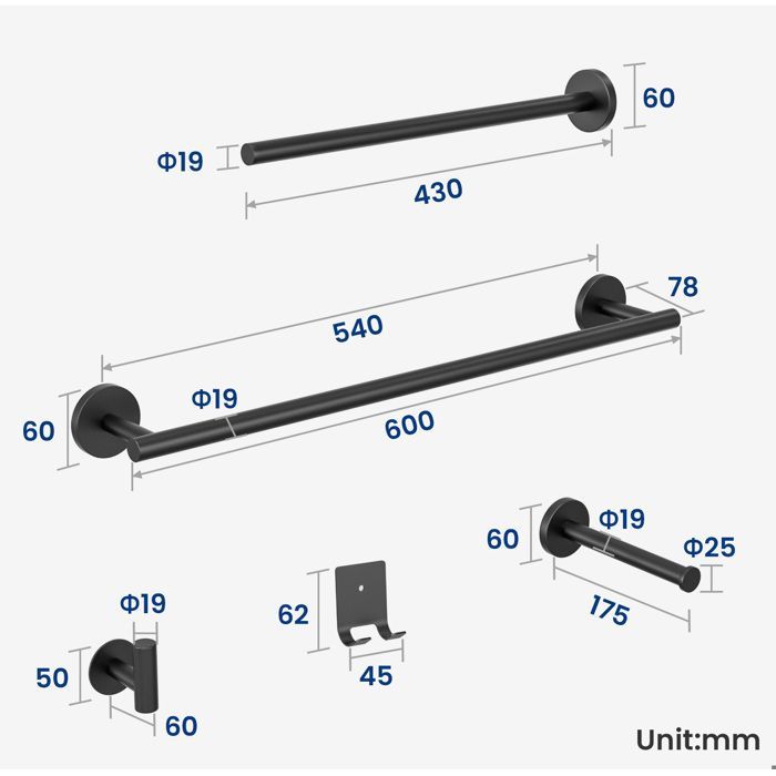 Bathroom accessory set - CECIPA MAX - Black - Stainless steel - 2 towel rails - Hooks