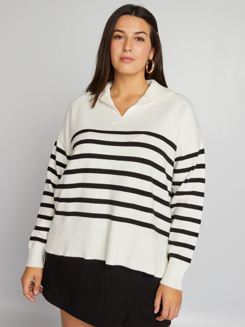 Jersey de cuello alto con cremallera y rayas - BLANCO