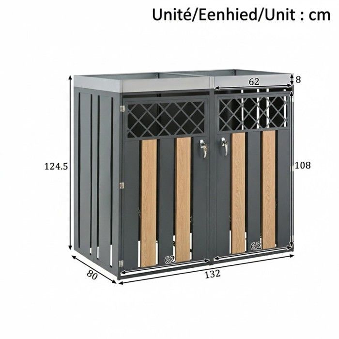 Cache-poubelle - LANGTU - 4 bacs avec jardinière - Acier galvanisé - Portes aspect bois - Ventilé & verrouillable
