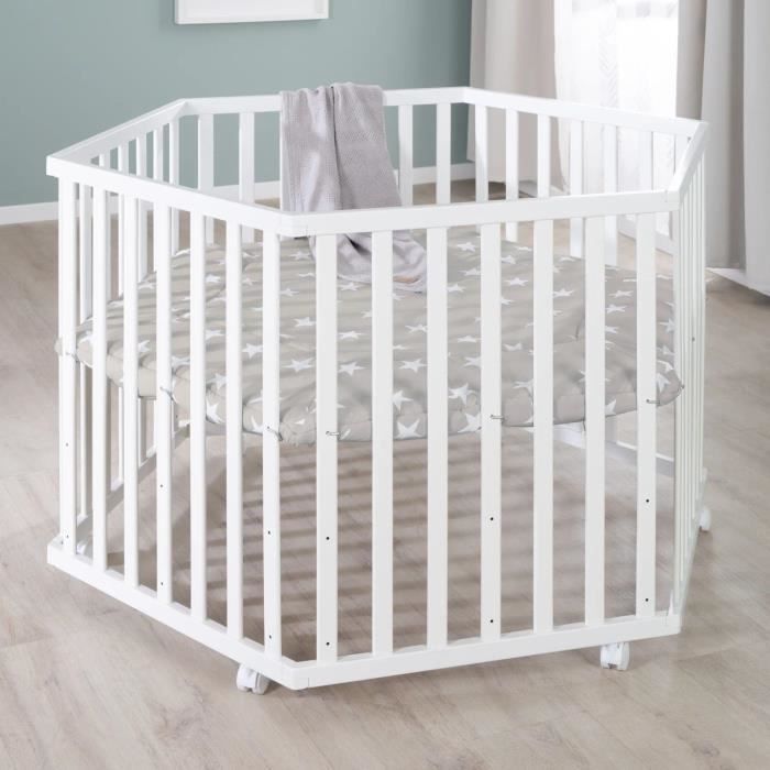 Parque infantil hexagonal - ROBA - LITTLE STARS - Altura regulable - Funda acolchada - Ruedas con freno - Madera lacada en blanco - Diseño de estrellas