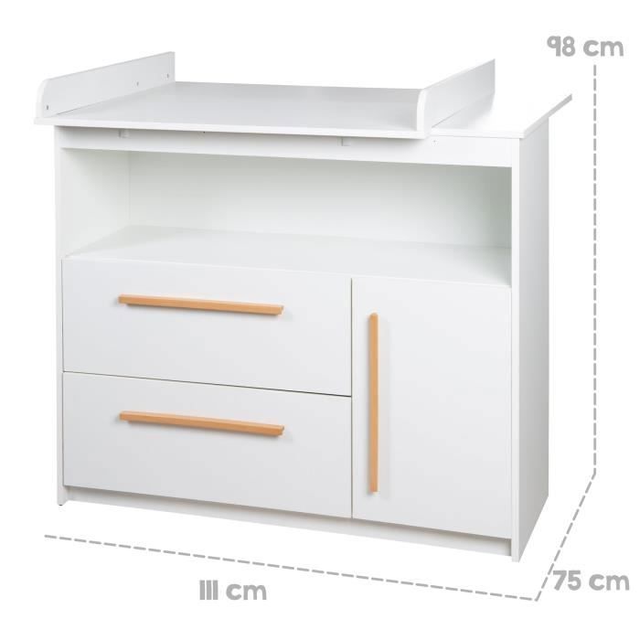 Cambiador ROBA Lilo - 2 cajones - 1 puerta - 1 compartimento - Cambiador con tapa extraíble - Blanco