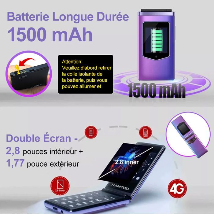Teléfono plegable HAMTOD T8 4G para personas mayores - Botones grandes - Botón SOS - Batería de 1500 mAh - Pantalla dual de 2,8