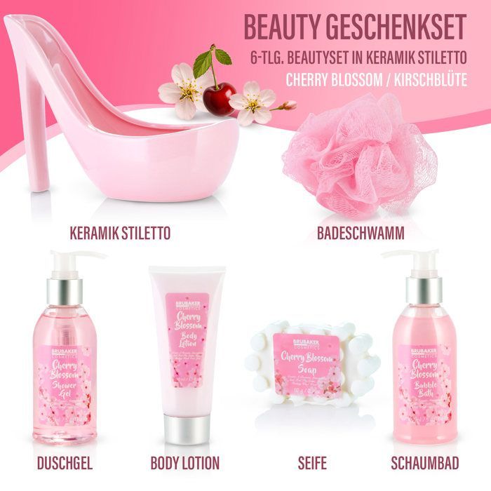 BRUBAKER Cosmetics - Coffret de bain & beauté - Fleur de cerisier - 6 Pièces - Escarpin décoratif - Rose - Idée cadeau Femme