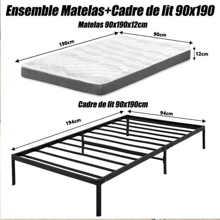 Set materasso e base letto 90x190, letto 90x190 con base e materasso, materasso 90x190x12cm
