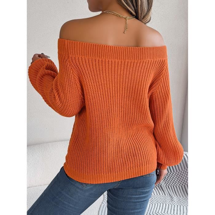 Jersey de punto holgado informal para mujer con cuello barco, hombros descubiertos, detalle calado, manga larga, color liso - Naranja