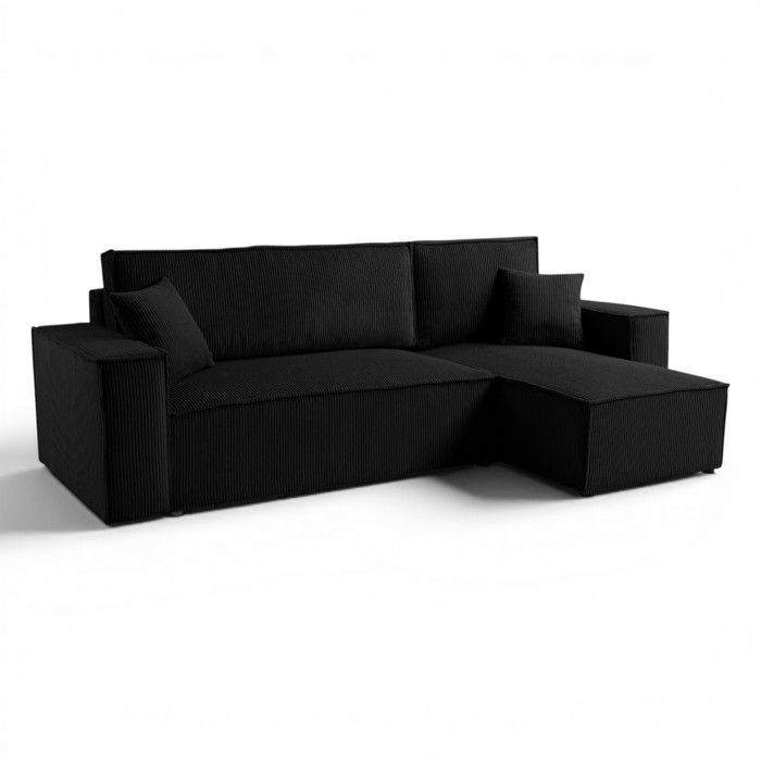 Canapé d'angle LISA convertible réversible coffre velours côtelé noir anthracite