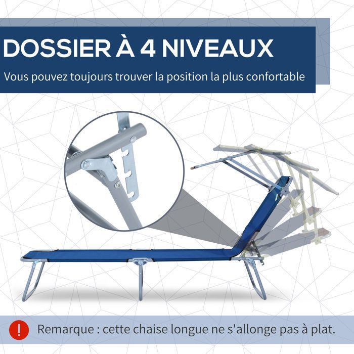 Transat bain de soleil - Outsunny - pliable dossier inclinable pare-soleil réglable multi-positions - métal - 187x58x36cm - bleu