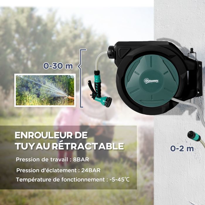 Wall-Mounted Hose Reel - Outsunny - 30m x 15mm Diameter - Automatic Retractable, 180° Swivel - 7-Mode Nozzle - Green