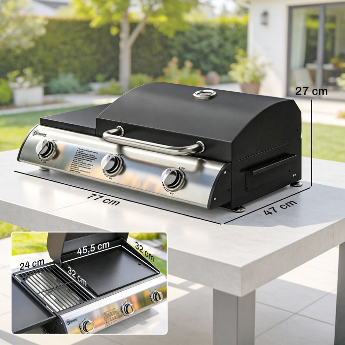 Tabletop gas barbecue - Outsunny - combination grill and griddle with lid and thermometer - stainless steel - 77x47x27cm - black