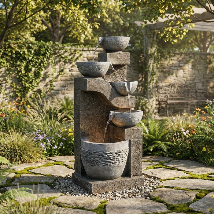 Fuente de jardín con iluminación LED - Aspecto de piedra natural - Bomba de agua integrada - Iluminación LED