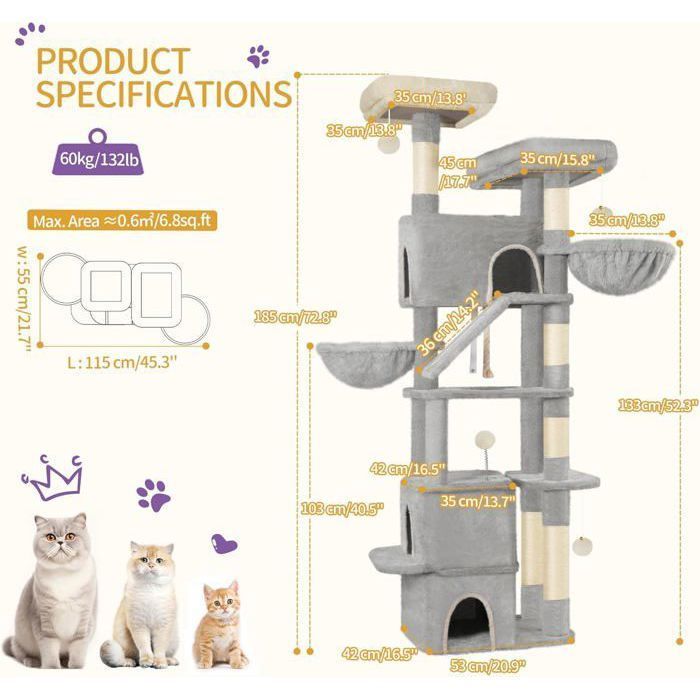 185 cm Arbre à Chat, Grande Tour à Chat pour Chats d'intérieur, Meuble de Maison pour Chat avec 2 Plates-Formes, 3 Condos