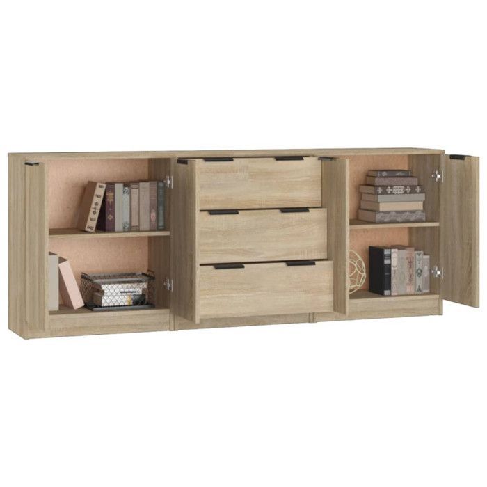 3115782 vidaXL Juego de aparador de 3 piezas, roble Sonoma, madera de ingeniería