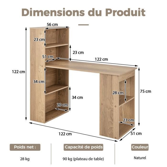 Escritorio para ordenador COSTWAY con estantería, mesa de ordenador de 75 cm de altura con 6 estantes de almacenamiento, color natural.
