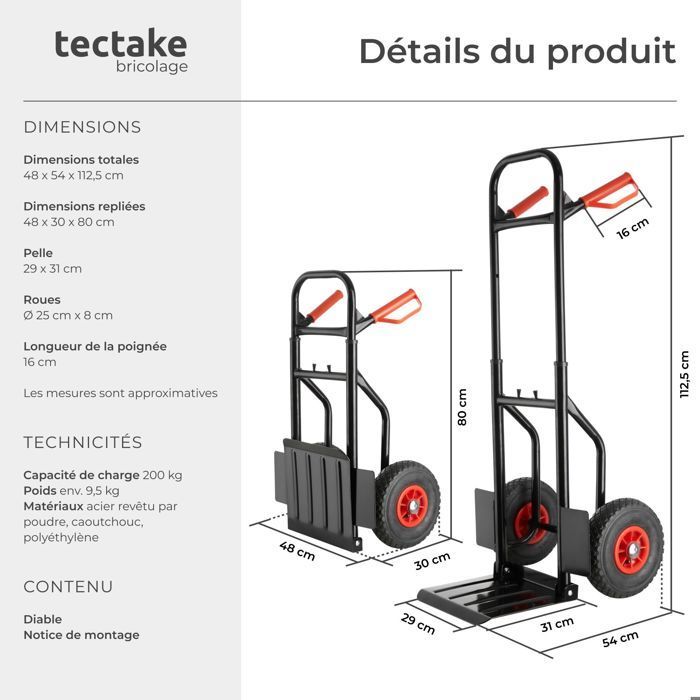 Carretilla de mano - TECTAKE - JURGEN, plegable y regulable en altura, con neumáticos neumáticos, capacidad de carga de 200 kg.