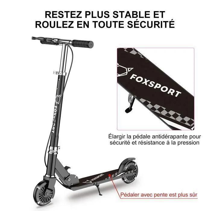 Children's Scooter - FOXSPORT - Foldable - 2 Flashing Wheels - Handbrake - 3-Level Adjustable Handlebar - 100 kg Load Capacity - Black