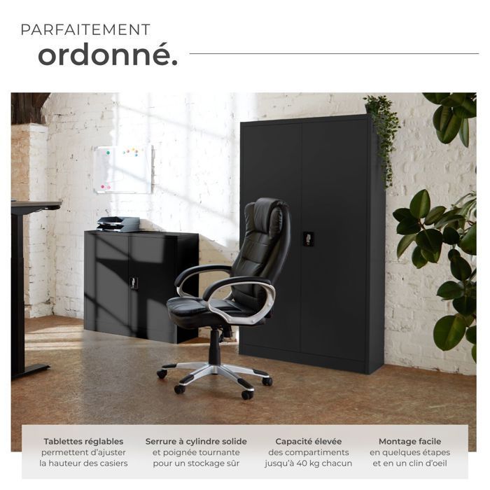 Office storage - TECTAKE - Metal filing cabinet with 3 adjustable shelves and 2 keys - 90 cm x 40 cm x 140 cm - Black