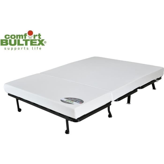 Sofá cama de 2 plazas BECCI - Tela azul prusiano - Colchón Bultex - 142 x 101 x 95 cm - Fabricado en Francia