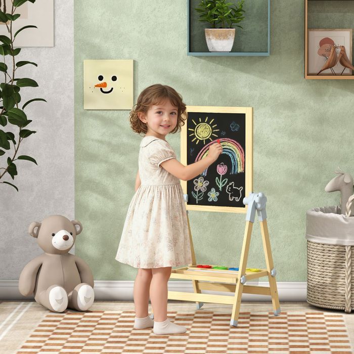 Cavalletto per bambini - AIYAPLAY - bifacciale - lavagna regolabile in altezza e lavagna magnetica - 48,5x46,5x70-97cm - naturale