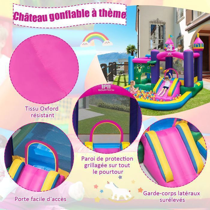 DREAMADE Opblaasbaar kasteel voor kinderen met 680W blower, zwembad, glijbaan, basketbalring, opblaasbare structuur voor binnen en buiten