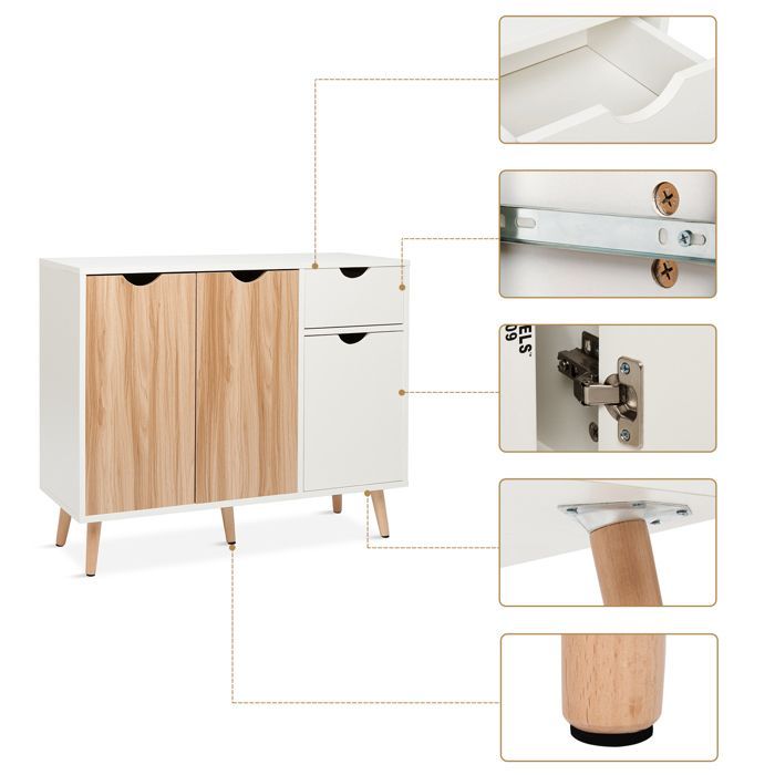 Mondeer buffet de cuisine, meuble rangement cuisine bas 1 tiroir et 3 portes salle à manger/chambre/salon,90x30x73 cm,chêne et blanc